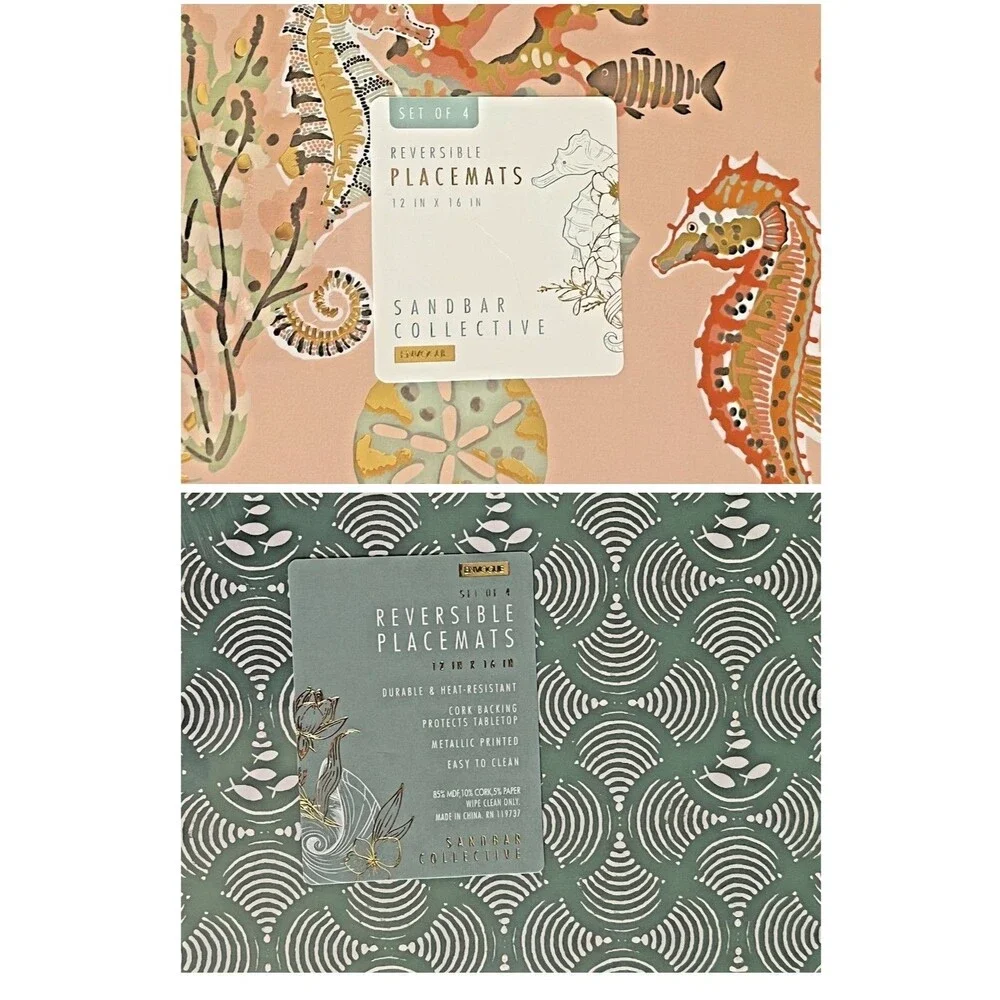 Envogue Cork Placemats Set Of 4 Pink Teal Reversible Starfish Seahorse 12x16